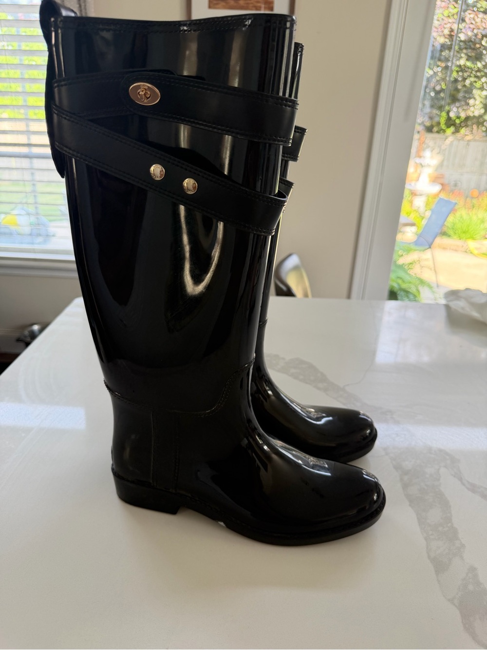 Coach "Talia" knee-high black glossy rubber rain boots 
Size 8